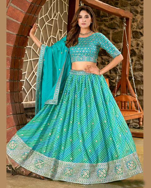 Sky Blue Soft Organza Lehria Print Unstitched Women Lehenga Choli