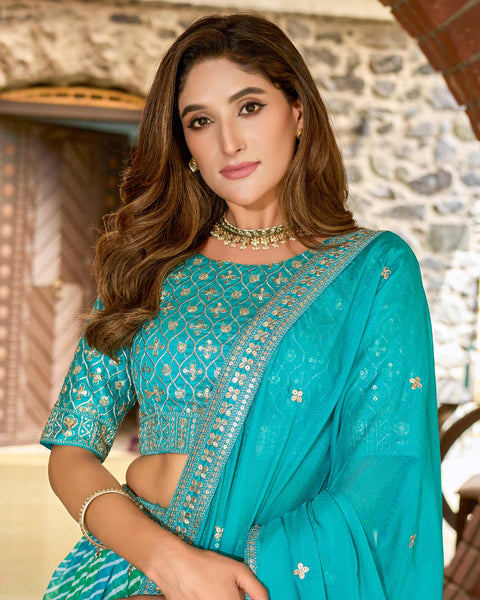 Sky Blue Soft Organza Lehria Print Unstitched Women Lehenga Choli