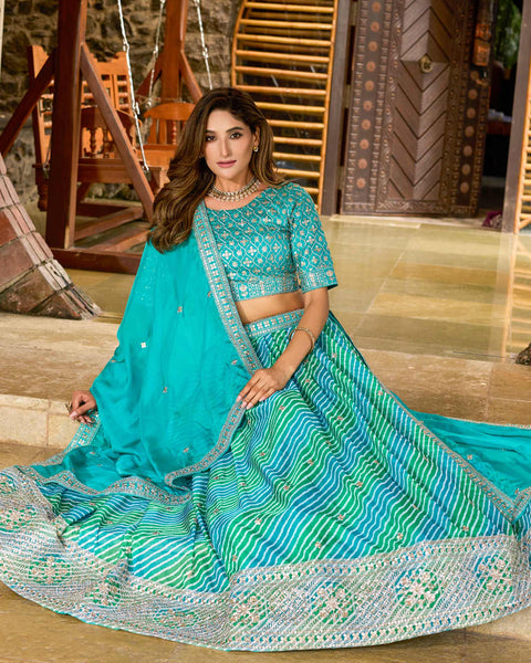 Sky Blue Soft Organza Lehria Print Unstitched Women Lehenga Choli