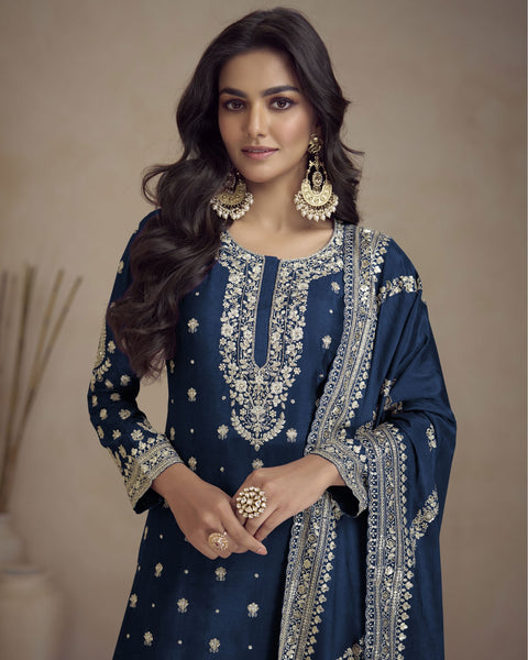 Blue Chinnon Silk Readymade Woman Palazzo Suit With Embroidered Dupatta