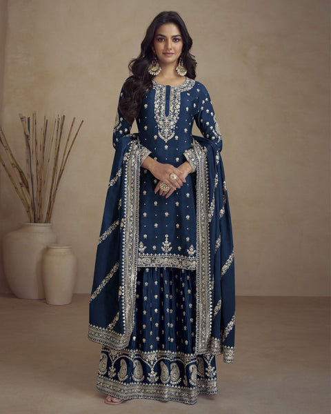 Blue Chinnon Silk Readymade Woman Palazzo Suit With Embroidered Dupatta