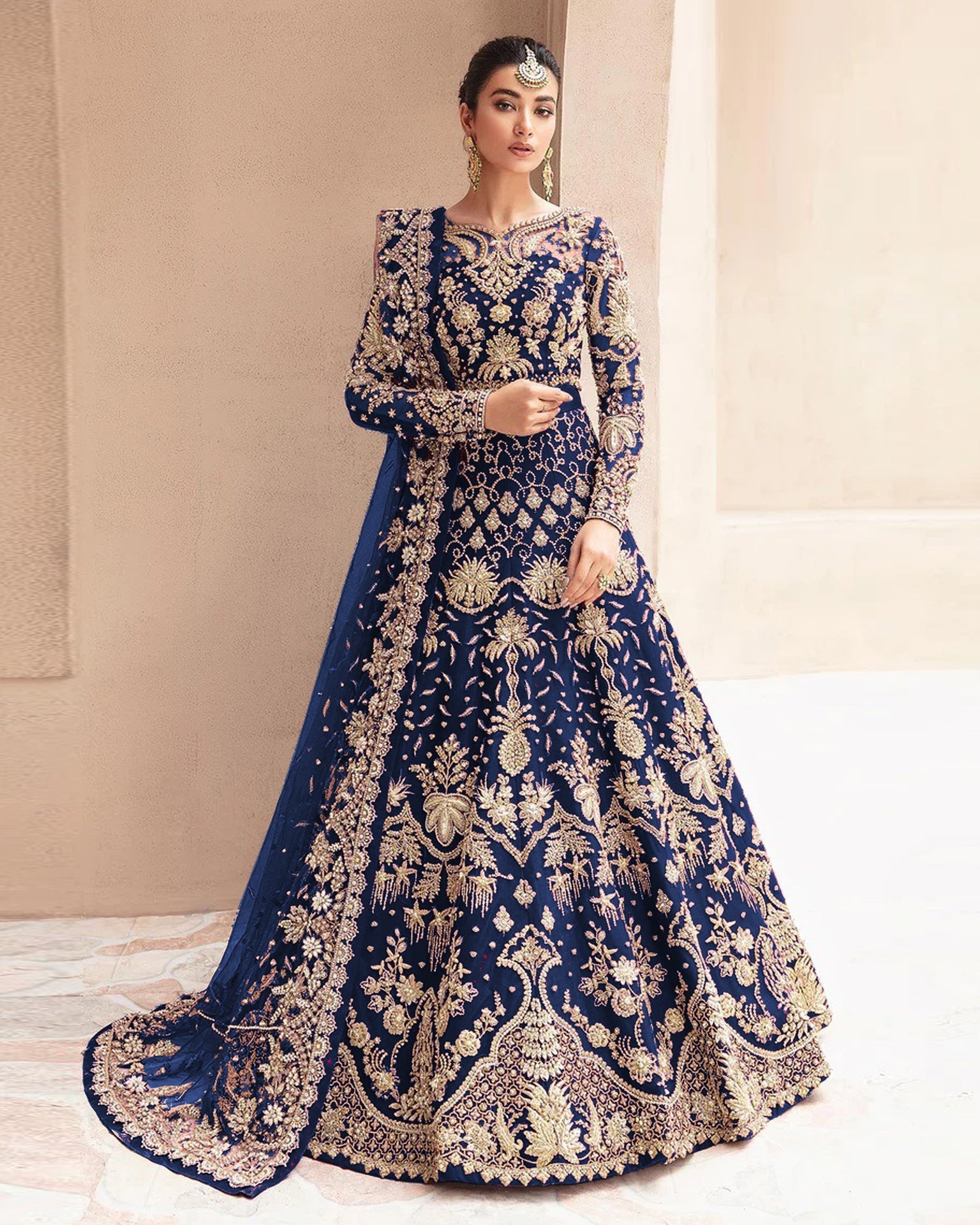 Blue Zari & Diamond Work Women Unstitched Anarkali Gown