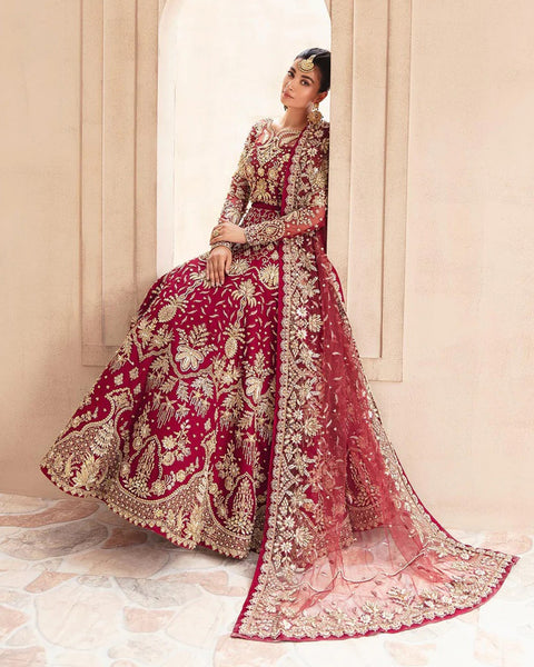 Maroon Zari & Diamond Work Women Unstitched Anarkali Gown