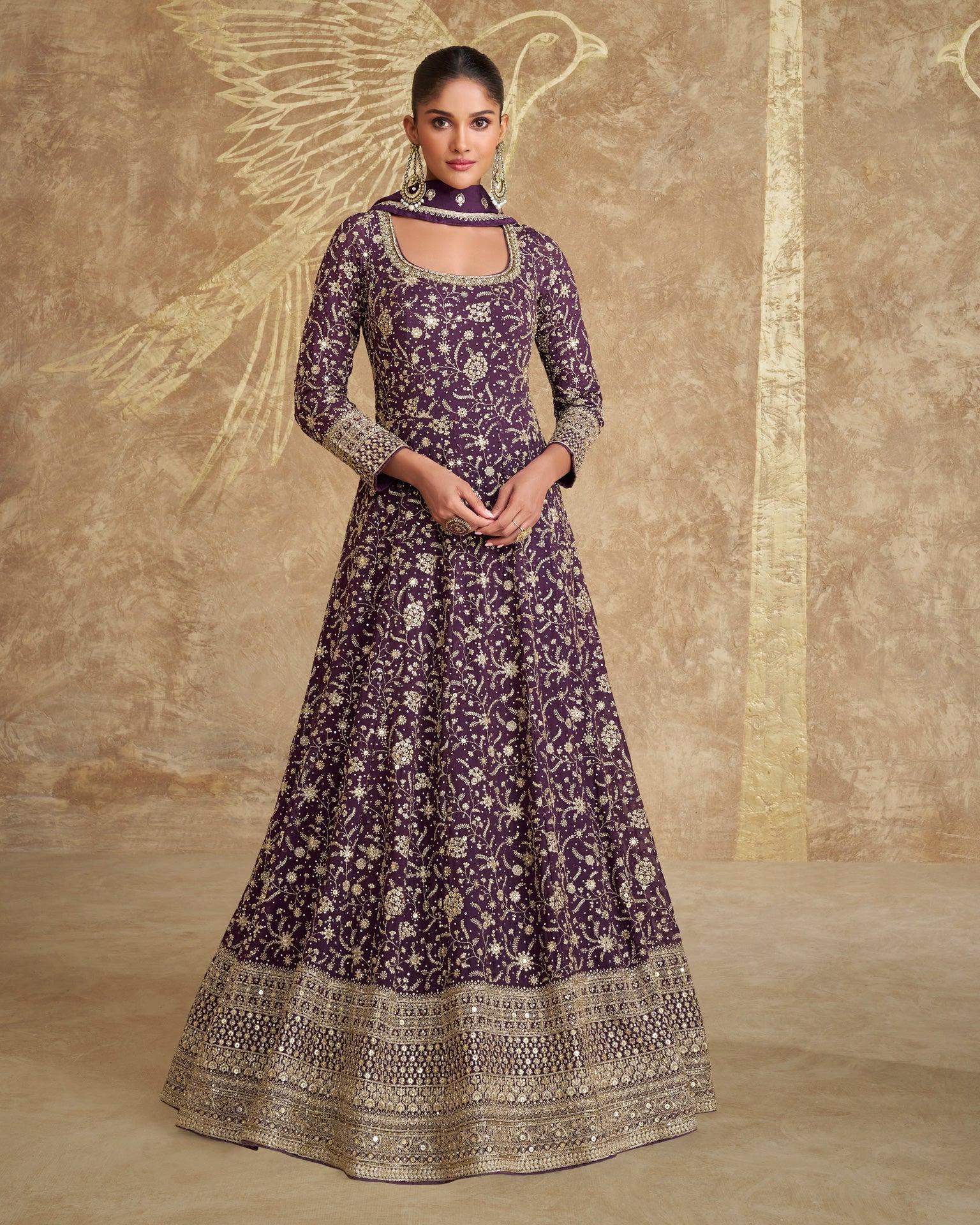 Dark Wine Zari & Sequins Work Pure Georgette Women Readymade Anarkali Gown With Embroidered Dupatta