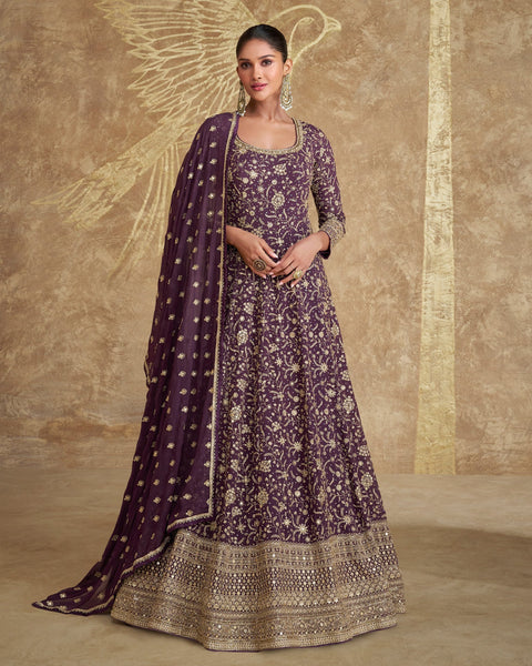 Dark Wine Zari & Sequins Work Pure Georgette Women Readymade Anarkali Gown With Embroidered Dupatta