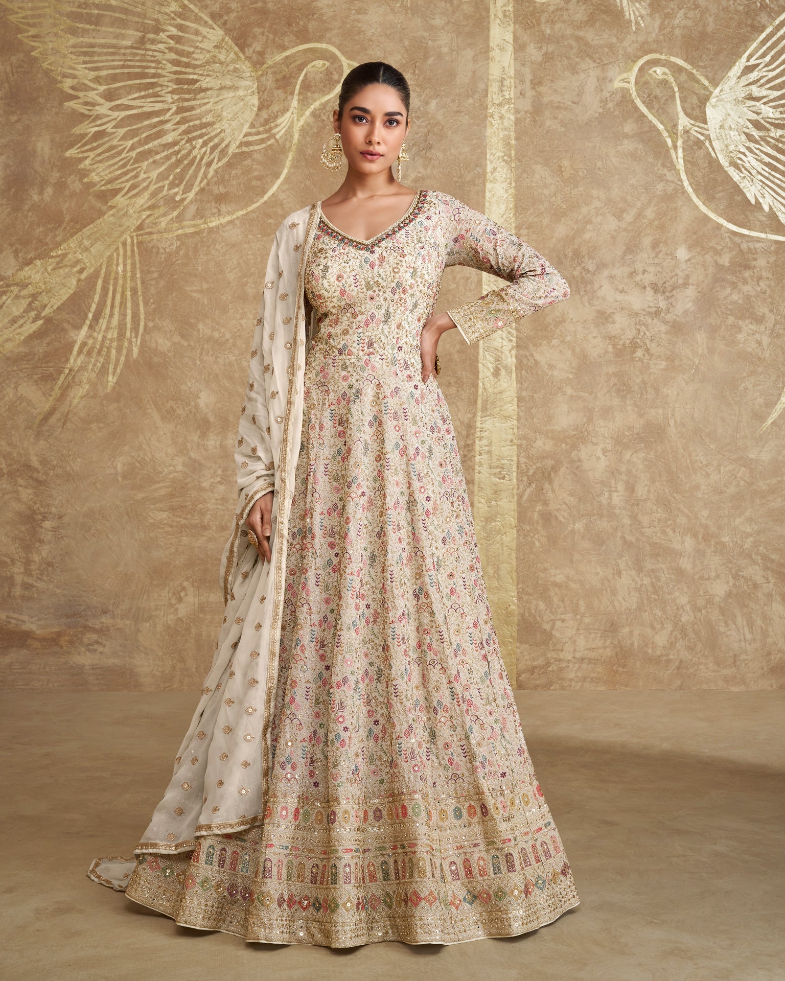 Cream Zari & Sequins Work Pure Georgette Women Readymade Anarkali Gown With Embroidered Dupatta