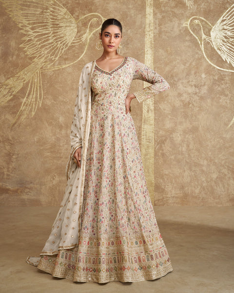 Cream Zari & Sequins Work Pure Georgette Women Readymade Anarkali Gown With Embroidered Dupatta