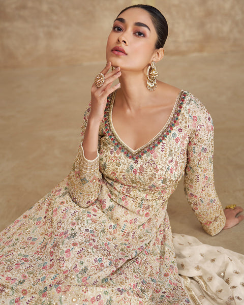 Cream Zari & Sequins Work Pure Georgette Women Readymade Anarkali Gown With Embroidered Dupatta