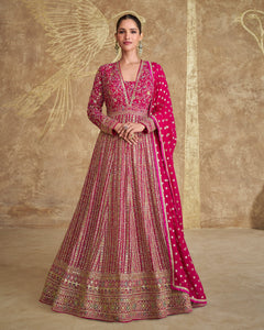 Pink Zari & Sequins Work Pure Georgette Women Readymade Anarkali Gown With Embroidered Dupatta