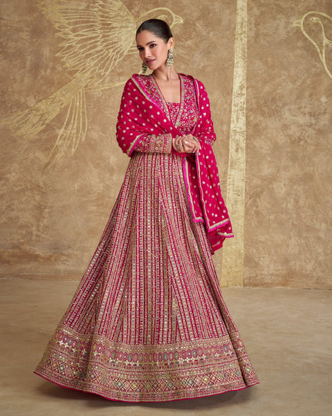 Pink Zari & Sequins Work Pure Georgette Women Readymade Anarkali Gown With Embroidered Dupatta