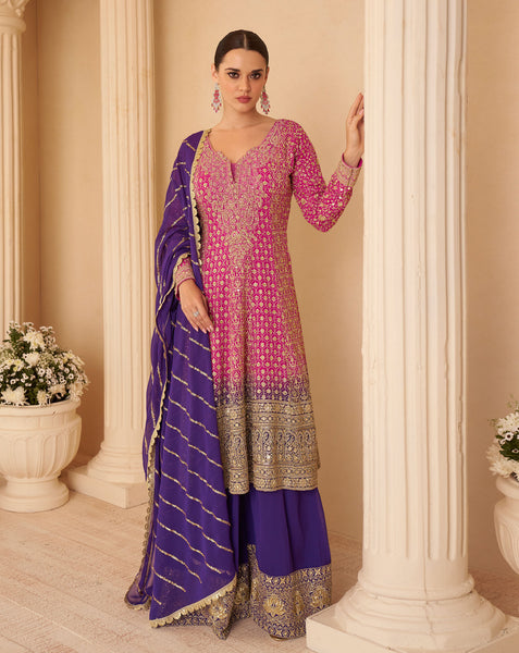 Pink Purple Georgette Women Readymade Bridal Anarkali Suit 