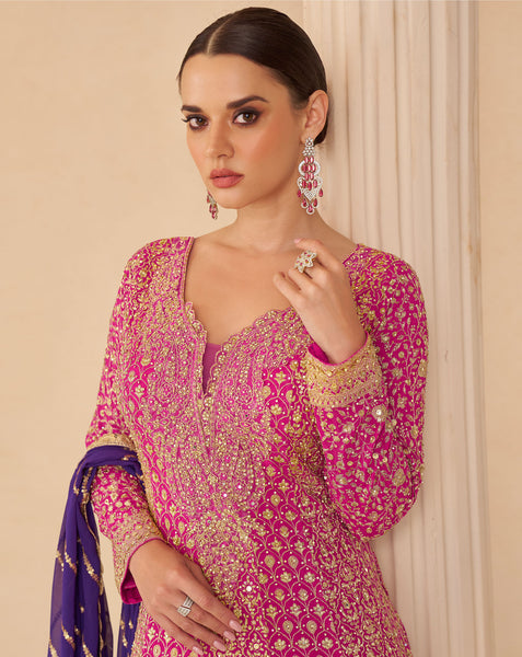 Pink Purple Georgette Women Readymade Bridal Anarkali Suit 