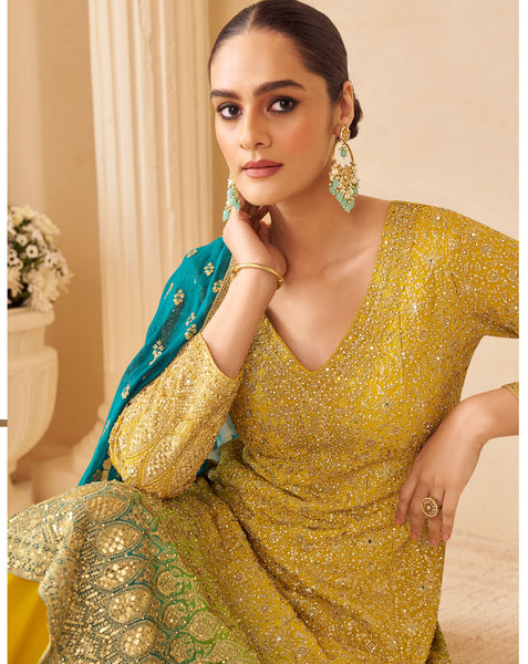 Yellow Green Blue Georgette Women Readymade Bridal Anarkali Suit 