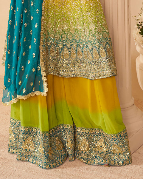 Yellow Green Blue Georgette Women Readymade Bridal Anarkali Suit 
