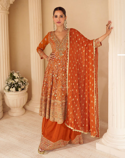Orange Georgette Women Readymade Bridal Anarkali Suit 