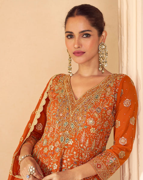 Orange Georgette Women Readymade Bridal Anarkali Suit 
