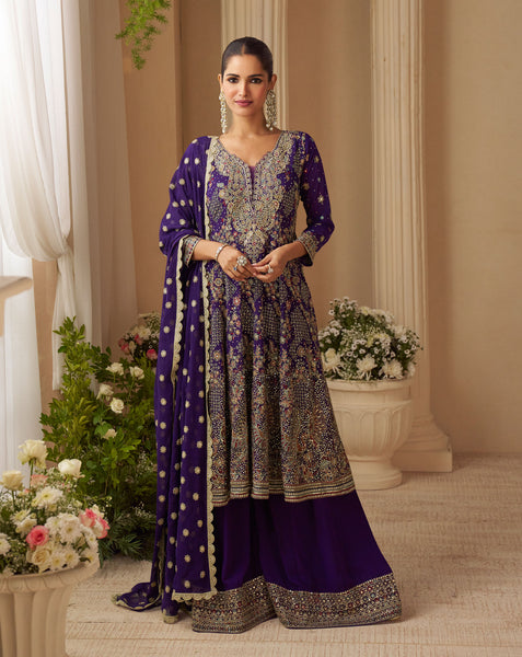 Purple Georgette Women Readymade Bridal Anarkali Suit 