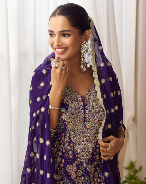 Purple Georgette Women Readymade Bridal Anarkali Suit 