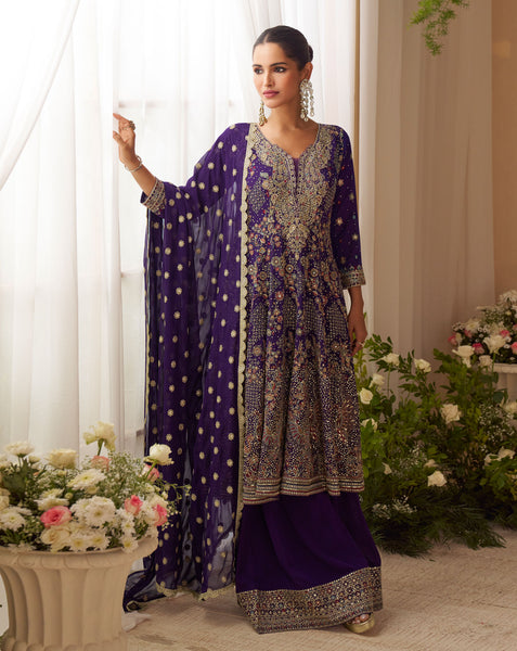 Purple Georgette Women Readymade Bridal Anarkali Suit 
