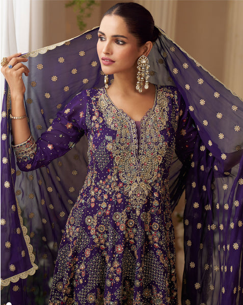 Purple Georgette Women Readymade Bridal Anarkali Suit 
