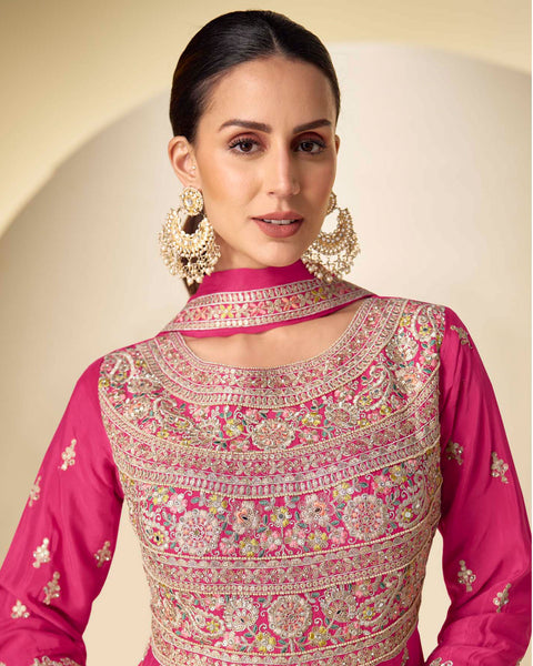 Pink Thread Sequins Work Women Chinnon Silk Readymade Anarkali Suit With Dupatta