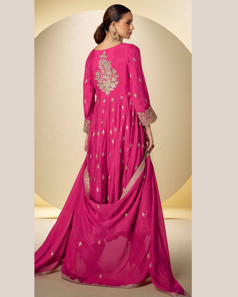 Pink Thread Sequins Work Women Chinnon Silk Readymade Anarkali Suit With Dupatta