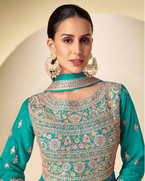 Sky Blue Thread Sequins Work Women Chinnon Silk Readymade Anarkali Suit With Dupatta