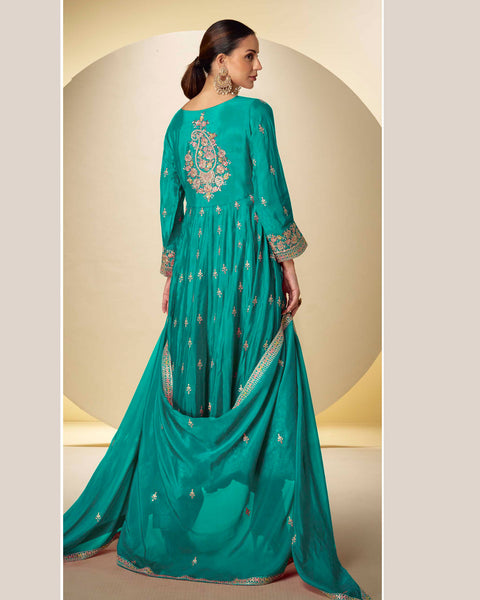 Sky Blue Thread Sequins Work Women Chinnon Silk Readymade Anarkali Suit With Dupatta