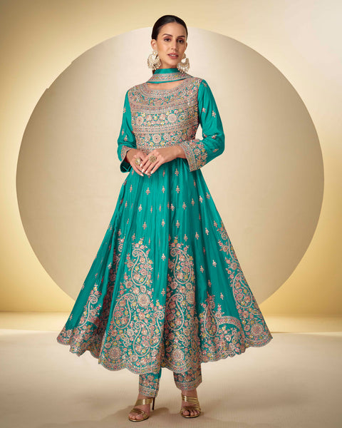 Sky Blue Thread Sequins Work Women Chinnon Silk Readymade Anarkali Suit With Dupatta