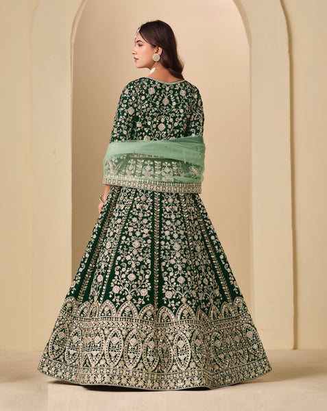 Green Zari Work Women Unstitched Velvet Anarkali Suit With Net Dupatta