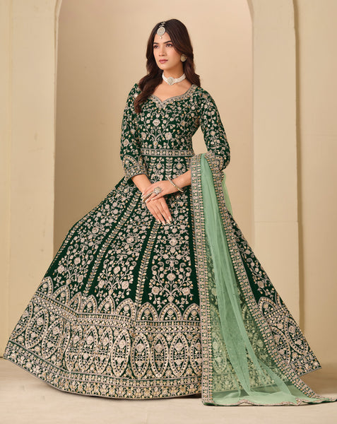 Green Zari Work Women Unstitched Velvet Anarkali Suit With Net Dupatta