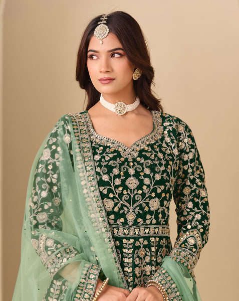 Green Zari Work Women Unstitched Velvet Anarkali Suit With Net Dupatta