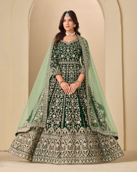 Green Zari Work Women Unstitched Velvet Anarkali Suit With Net Dupatta