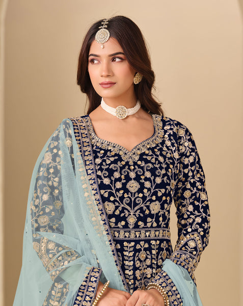 Blue Zari Work Women Unstitched Velvet Anarkali Suit With Net Dupatta