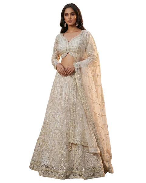 Cream Net Bead Mirror Work Readymade Women Lehenga Choli For Wedding