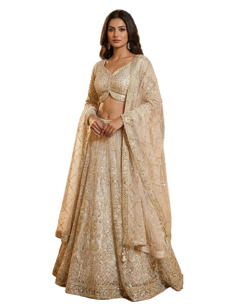 Cream Net Bead Mirror Work Readymade Women Lehenga Choli For Wedding