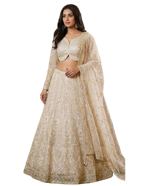 Cream Net Bead Mirror Work Readymade Women Lehenga Choli For Wedding