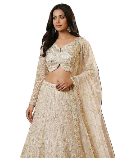 Cream Net Bead Mirror Work Readymade Women Lehenga Choli For Wedding
