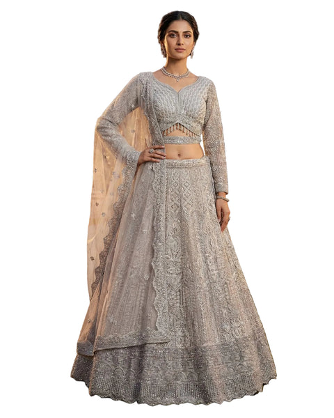 Grey Net Bead Mirror Work Readymade Women Lehenga Choli For Wedding