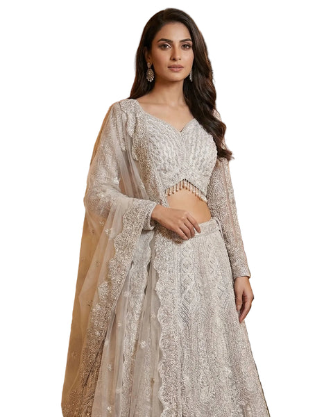 Grey Net Bead Mirror Work Readymade Women Lehenga Choli For Wedding