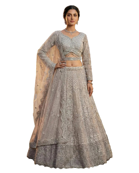 Grey Net Bead Mirror Work Readymade Women Lehenga Choli For Wedding