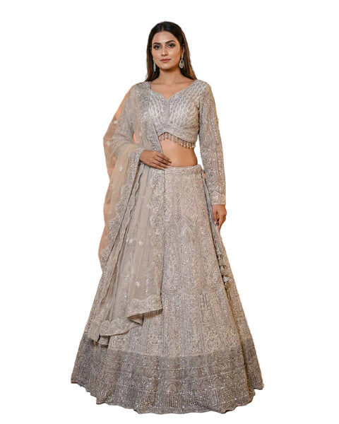 Grey Net Bead Mirror Work Readymade Women Lehenga Choli For Wedding