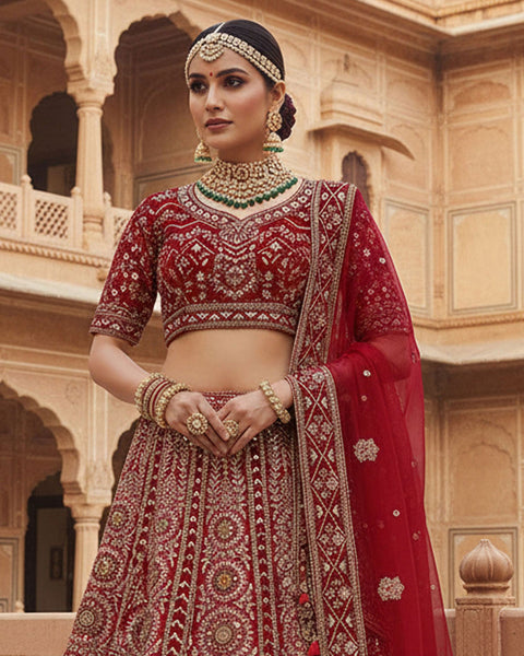 Red Velvet Embroidered Unstitched Women Bridal Lehenga Choli & Red Embroidered Net Dupatta