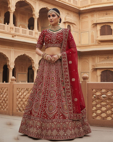 Red Velvet Embroidered Unstitched Women Bridal Lehenga Choli & Red Embroidered Net Dupatta