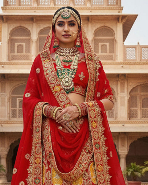 Red Velvet Embroidered Unstitched Women Bridal Lehenga Choli & Red Embroidered Net Dupatta