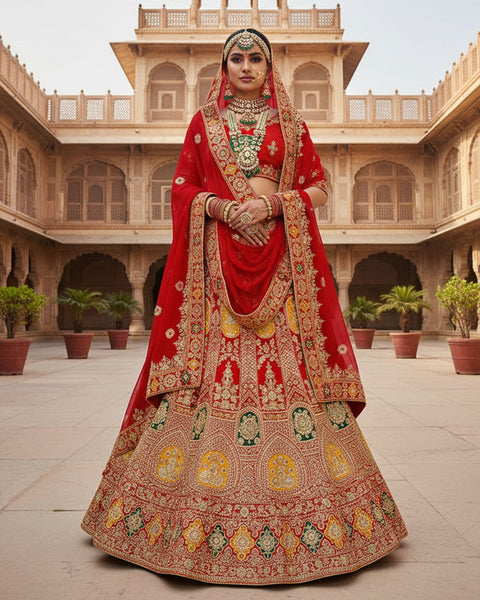 Red Velvet Embroidered Unstitched Women Bridal Lehenga Choli & Red Embroidered Net Dupatta