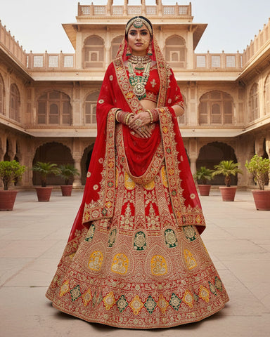 Red Velvet Embroidered Unstitched Women Bridal Lehenga Choli & Red Embroidered Net Dupatta