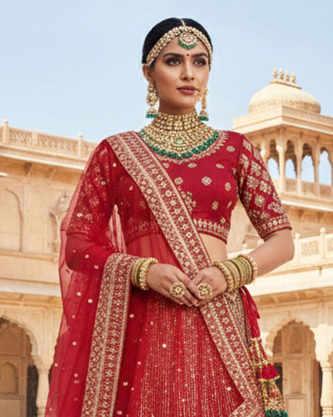 Maroon Velvet Embroidered Unstitched Women Bridal Lehenga Choli & Embroidered Net Dupatta