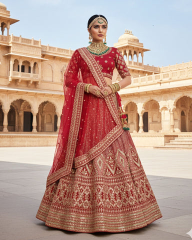 Maroon Velvet Embroidered Unstitched Women Bridal Lehenga Choli & Embroidered Net Dupatta