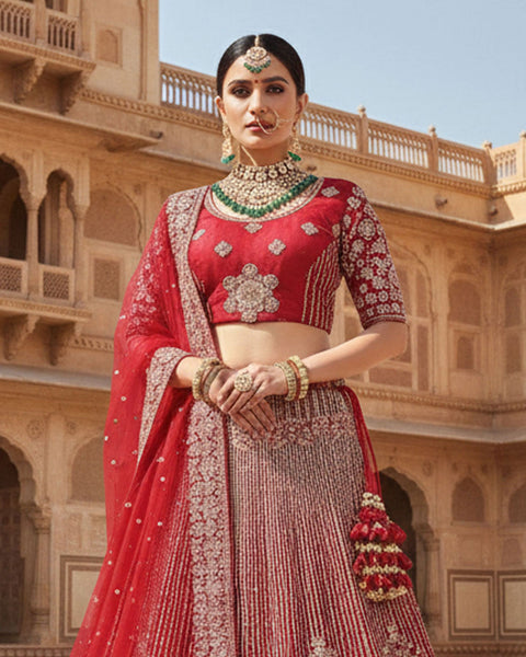 Maroon Velvet Embroidered Unstitched Women Bridal Lehenga Choli & Embroidered Net Dupatta